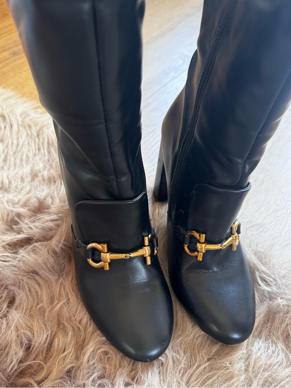 Horsebit buckle knee high boots gold buckle block heel snaffle bit equestrian